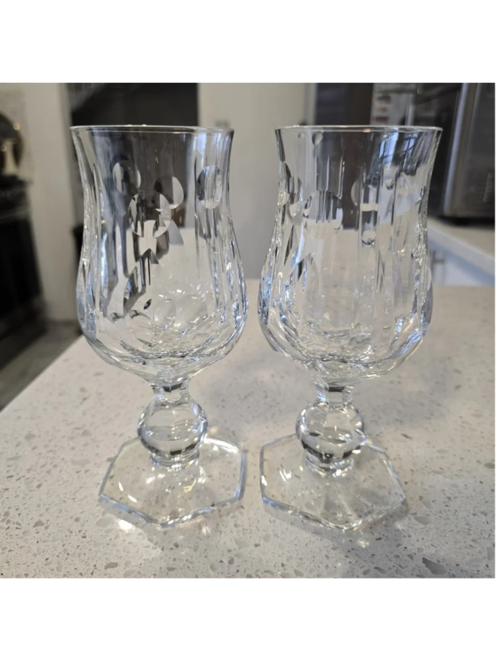 Vintage Mozart Heavy Cut Crystal Cordial Hexagonal Base Faceted Goblets 2 pc Set